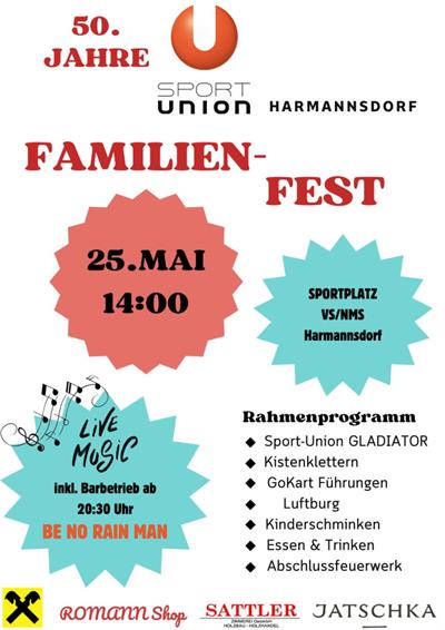 Plakat: 50 Jahre Sport-Union Harmannsdorf - Familienfest am 25. Mai ab 14:00 Uhr